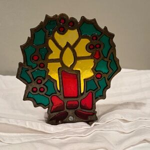 MCM Stained Glass Candle Holder with Cast Iron Base Christmas Holiday